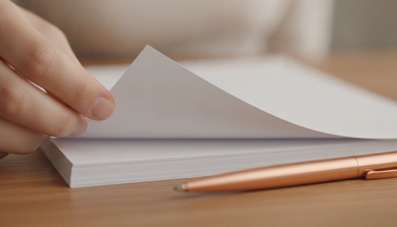 Une main soulève le coin de la première page d’une liasse de feuilles posée sur une table, un stylo à côté