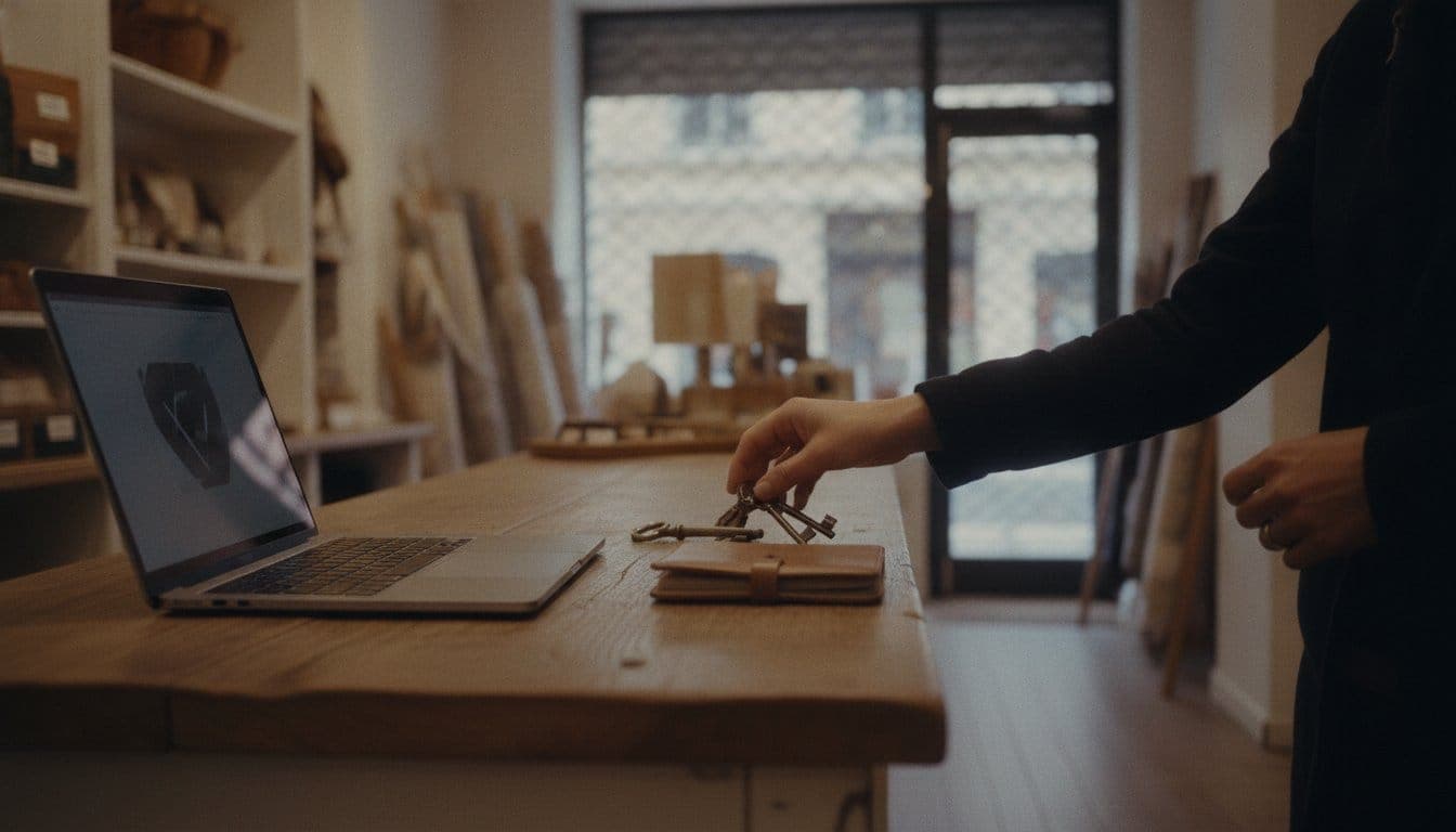 Un ordinateur portable ouvert sur le comptoir en bois d’une petite boutique, à côté d’un trousseau de clés