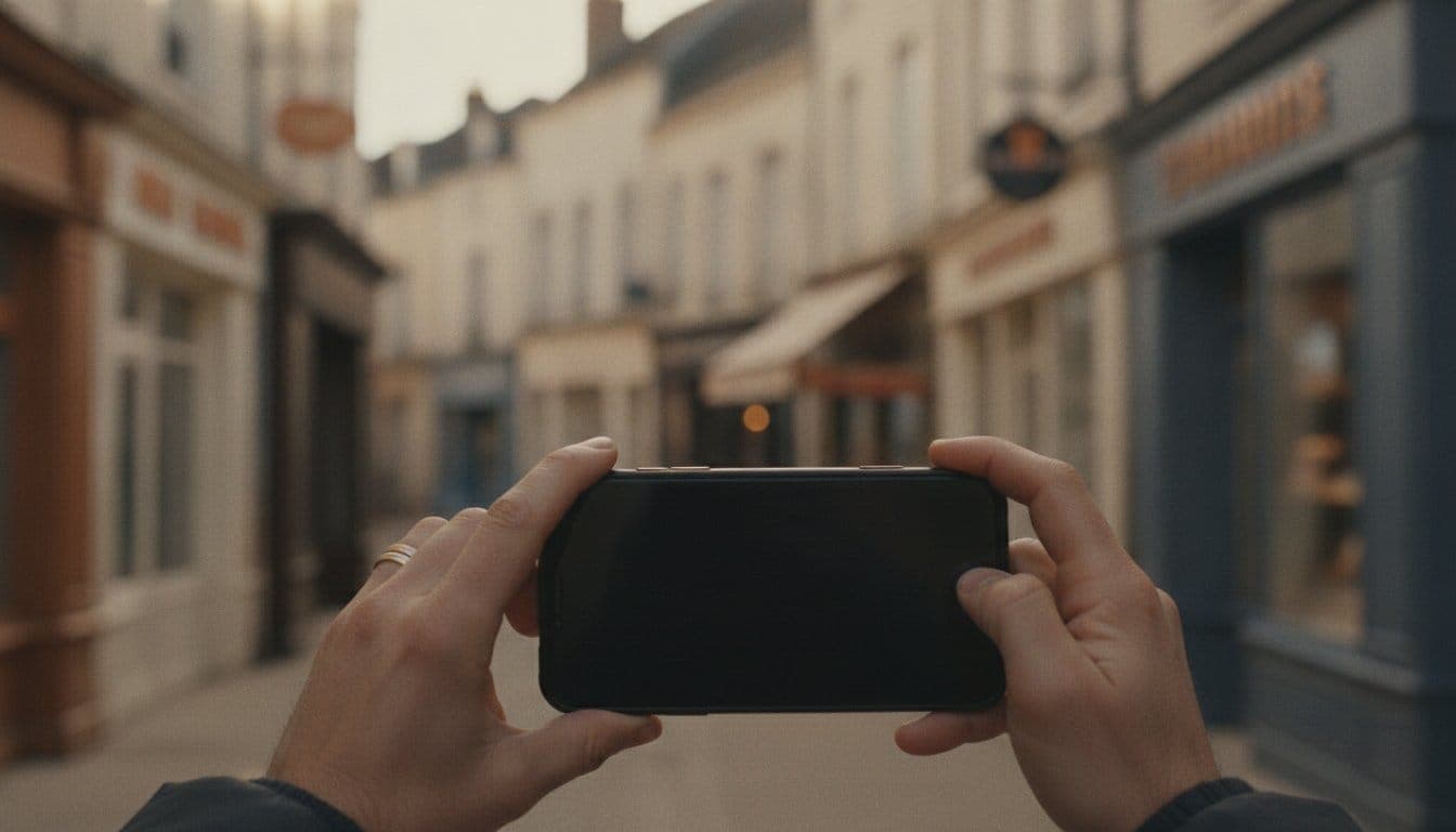 Deux mains tiennent un téléphone dans une rue commerçante, les devantures floues à l’arrière-plan