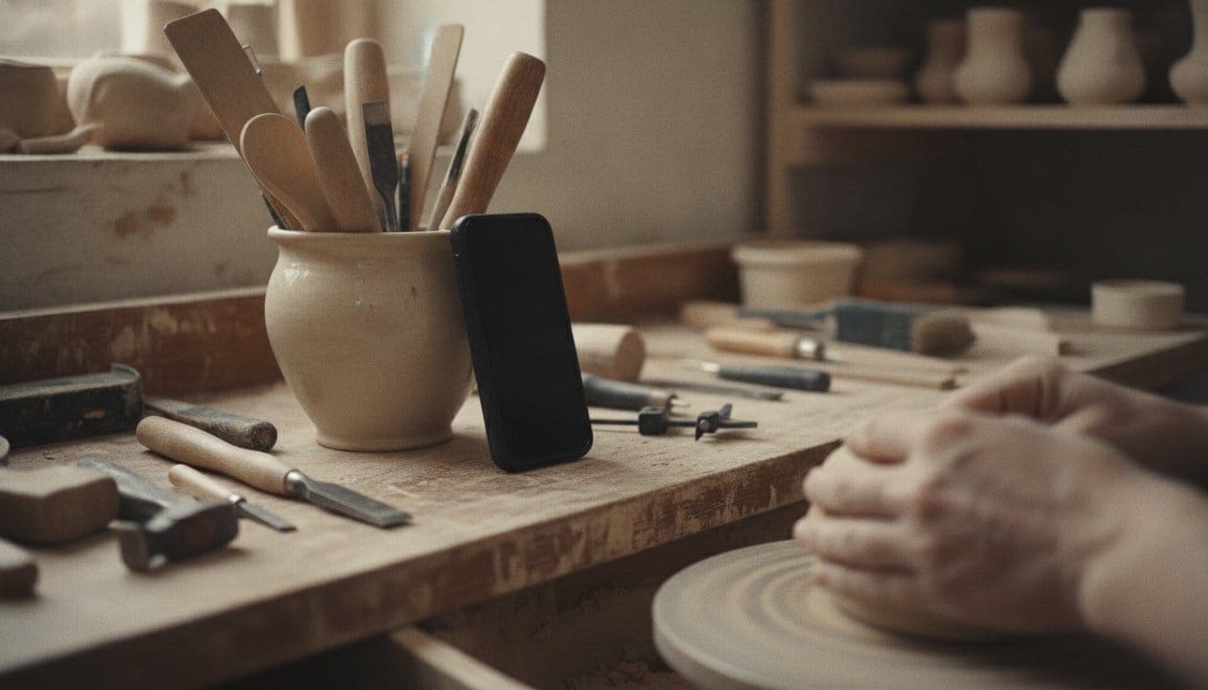 Un téléphone posé contre un pot à outils sur l’établi d’un atelier de poterie, des mains travaillant la terre à côté
