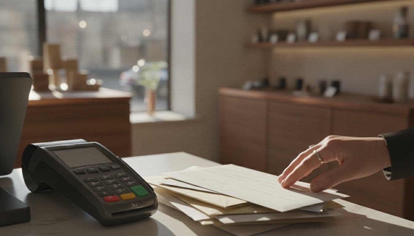 Une pile de courriers posée près d’un terminal de paiement sur le comptoir d’une boutique, le matin
